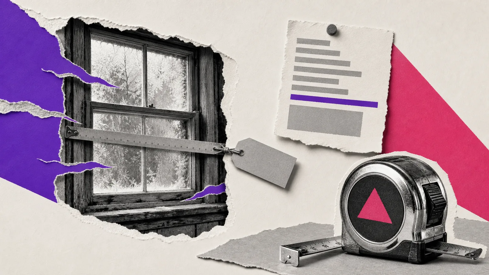 Paper collage: a frosted old window leaking cold air, another company's tape measure across it, a high heating bill, and the local tape measure rolled up.