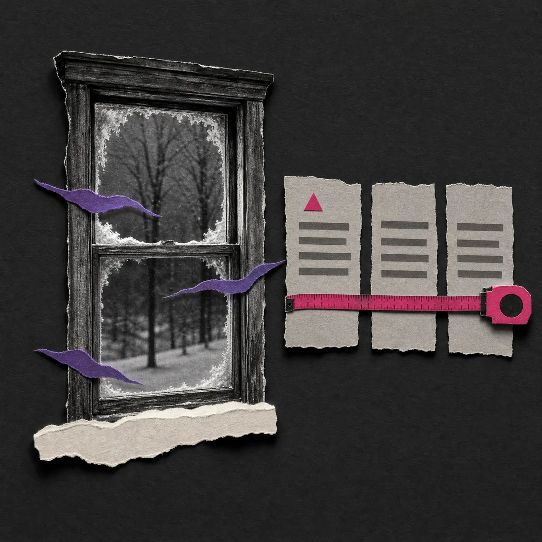 Paper collage: a drafty old window beside three quote sheets, a tape measure running from the first sheet across the other two.