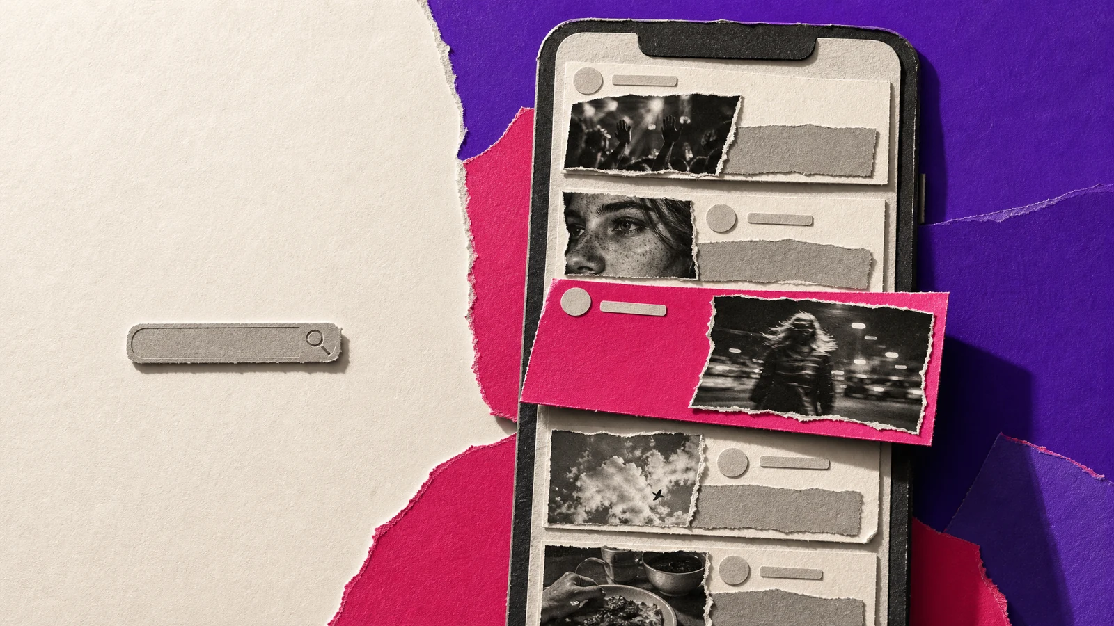 Cut-paper collage: a small unused search bar beside a much larger phone showing a busy feed, one card in magenta.