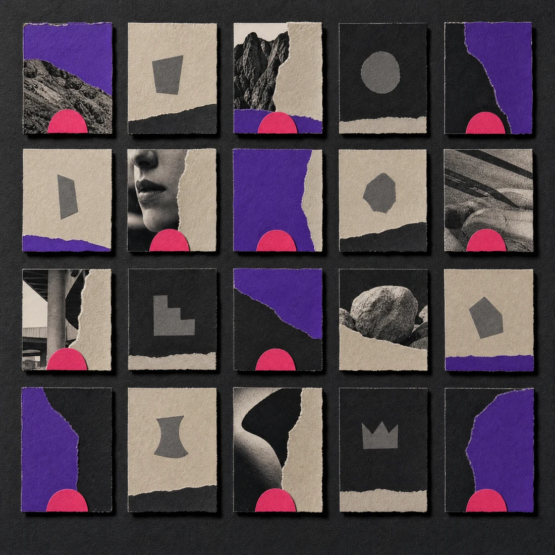 Cut-paper collage on dark paper: a grid of cards in which one magenta mark keeps recurring while the grey marks never repeat.