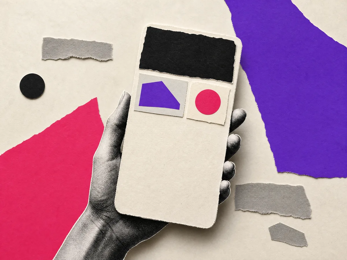 Cut-paper collage: a phone held up, one dark card sitting at the top of a short sparse column, every mark on it different.