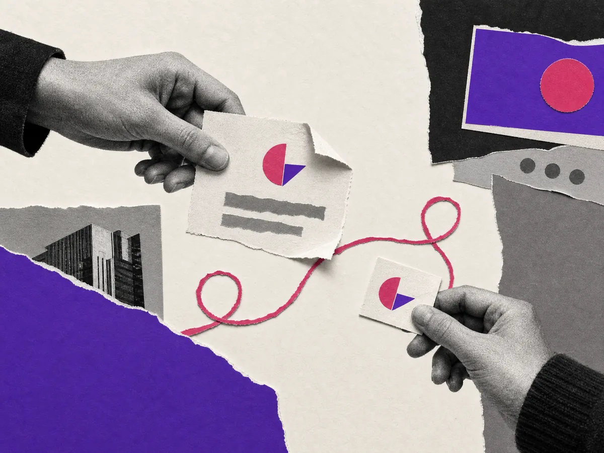 Cut-paper collage: a job ticket handed over and a small card coming back, both carrying the same new magenta mark, one corner still torn.