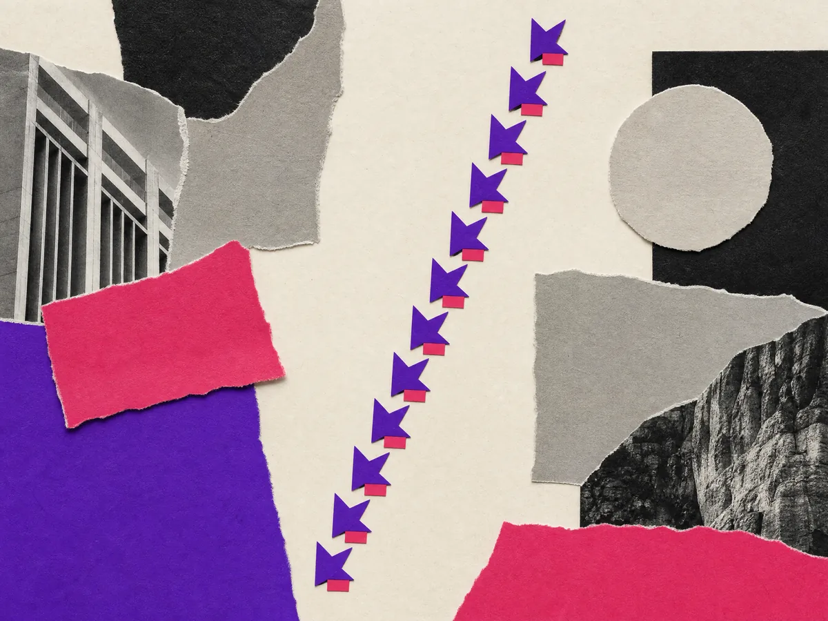 Cut-paper collage: a column of magenta marks climbing week by week, a small reply block tucked under each one.