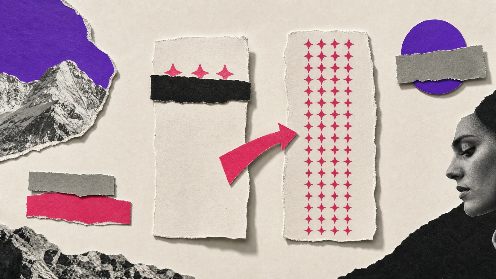 Cut-paper collage: two torn profile cards side by side, one carrying a tall column of the same magenta mark and the other almost bare.