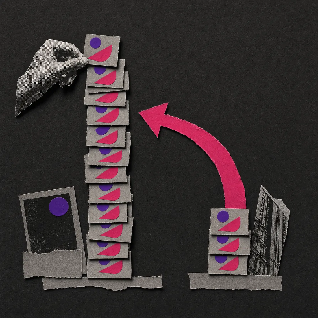 Cut-paper collage on charcoal paper: two stacked columns of rating cards, badly uneven, with a magenta arrow pulling toward the taller one.