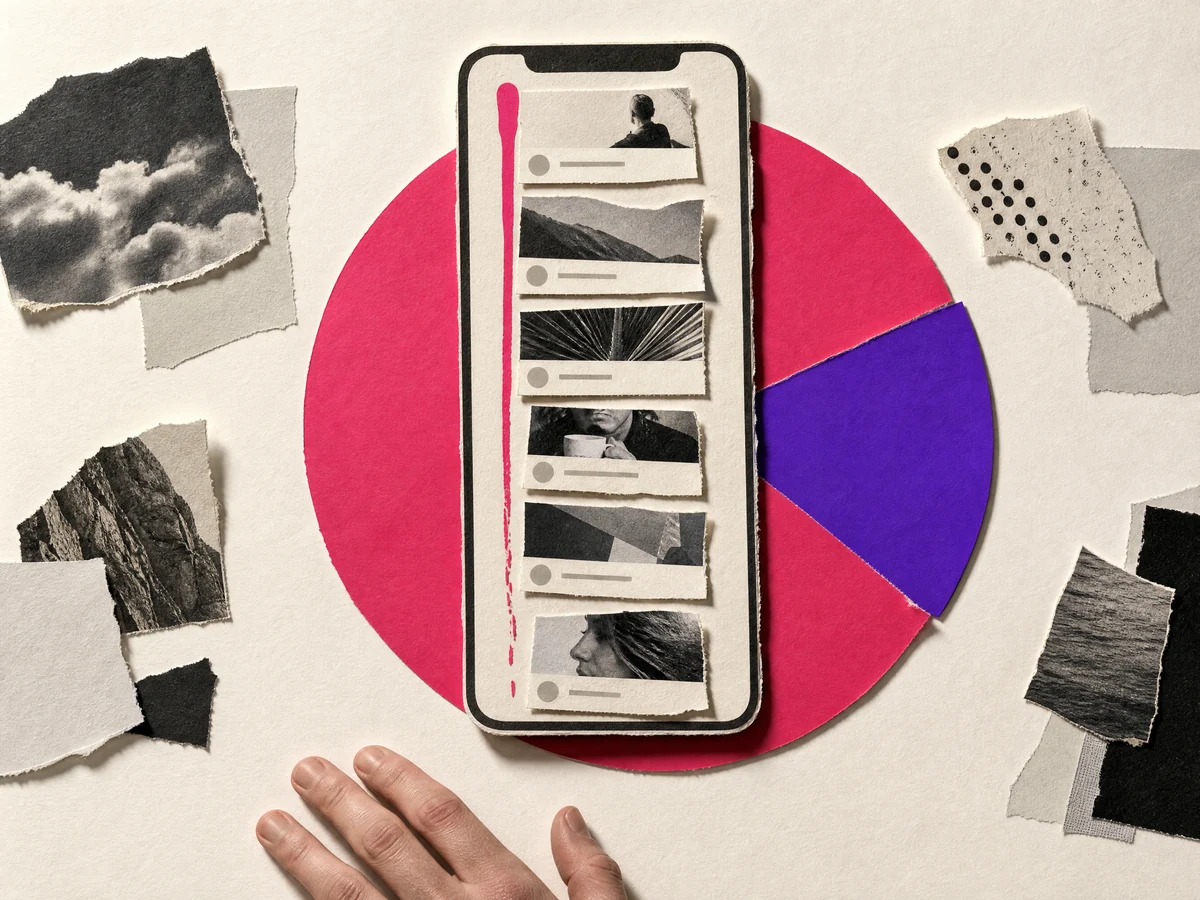 Cut-paper collage: a phone showing a column of posts, with a magenta line beside it thinning and breaking partway down.