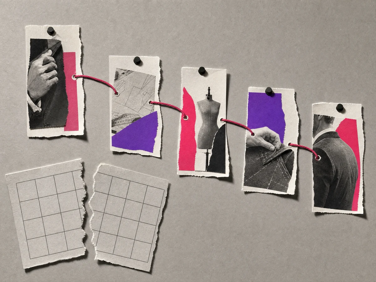 Cut-paper collage: five cards pinned in a deliberate order and linked by a magenta thread, beside a torn generic grid calendar.