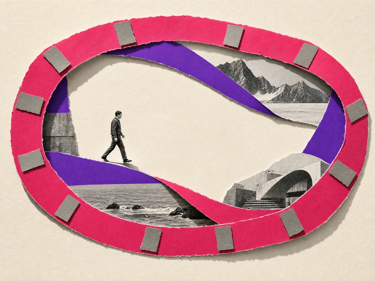 Cut-paper collage: a magenta ribbon looping in a closed circuit with cards riding it, and nobody turning it.