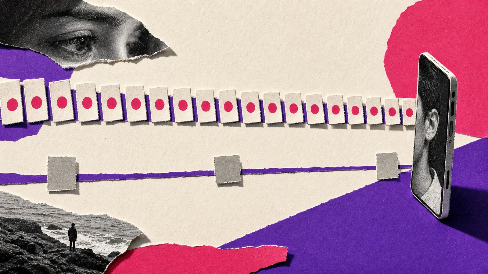 Cut-paper collage: two timelines of cards, the upper one full and repeating the same magenta mark, the lower one nearly empty.