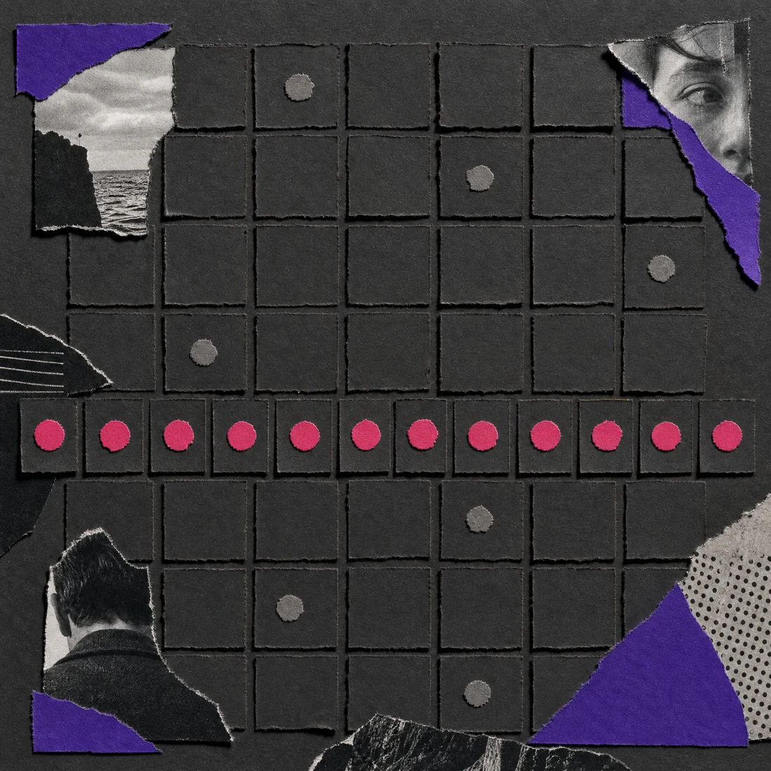 Cut-paper collage on dark paper: a calendar grid mostly empty, with one row carrying a magenta mark every single week.