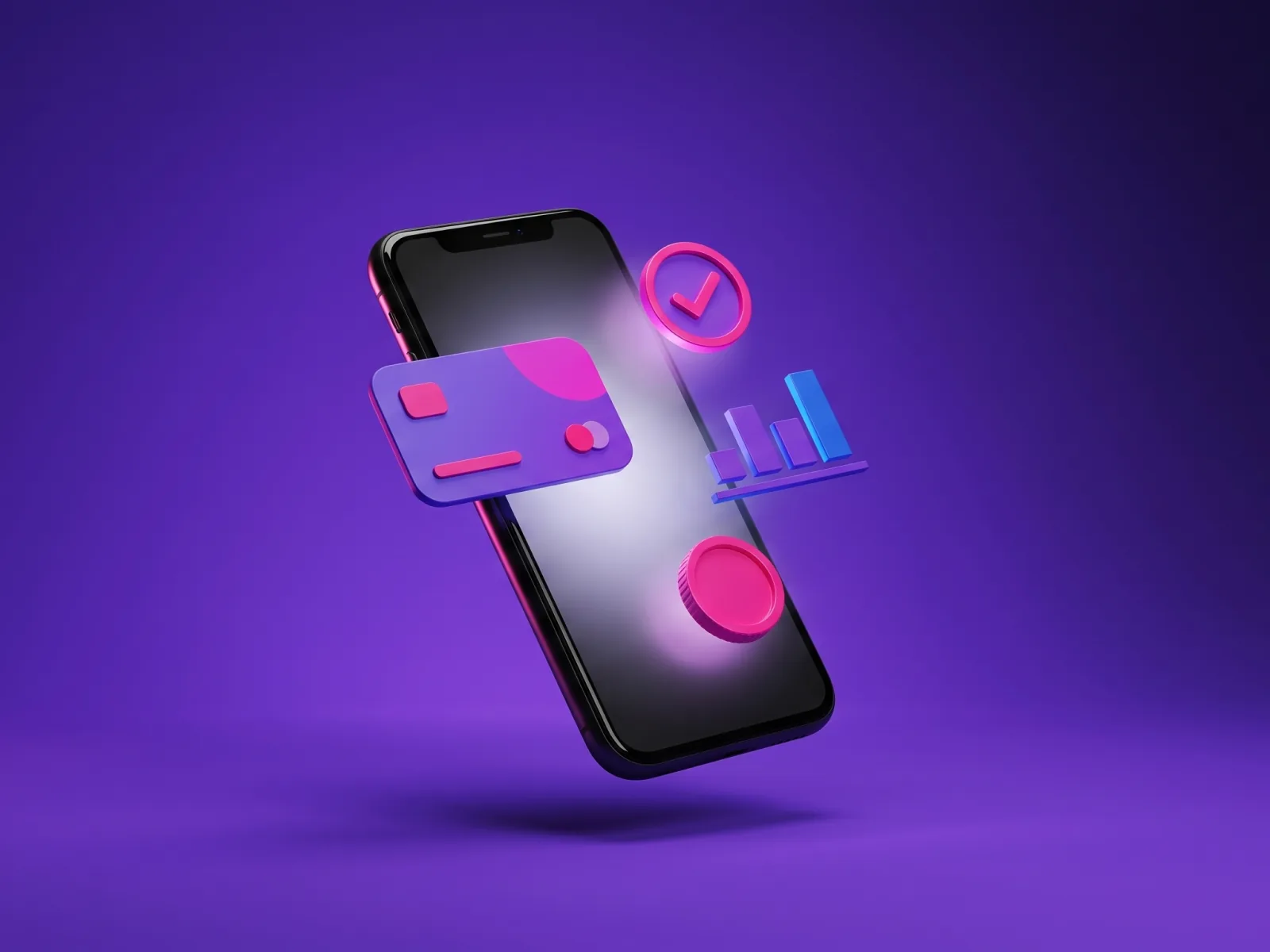 3D smartphone on a purple background with floating card, clock and chart icons