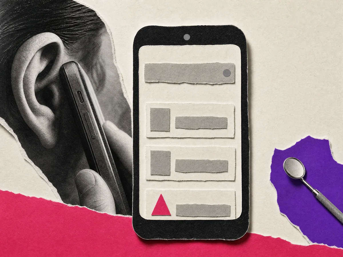 Paper collage: a phone showing search results with this practice listed last, next to someone listening on a call and a dental mirror.