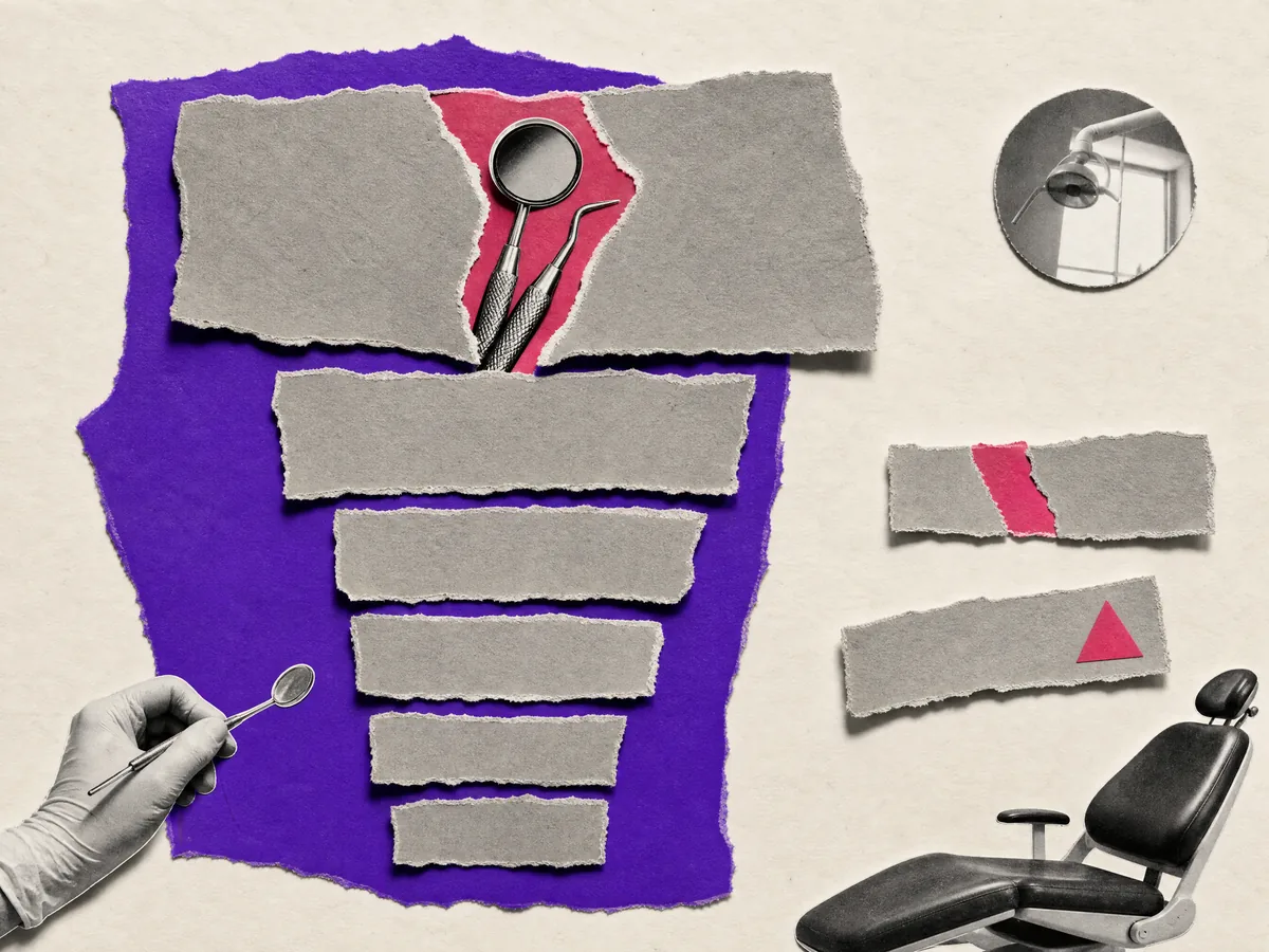 Paper collage: a stack of torn paper strips ordered from largest to smallest, with a dental mirror and probe filling the top one first.