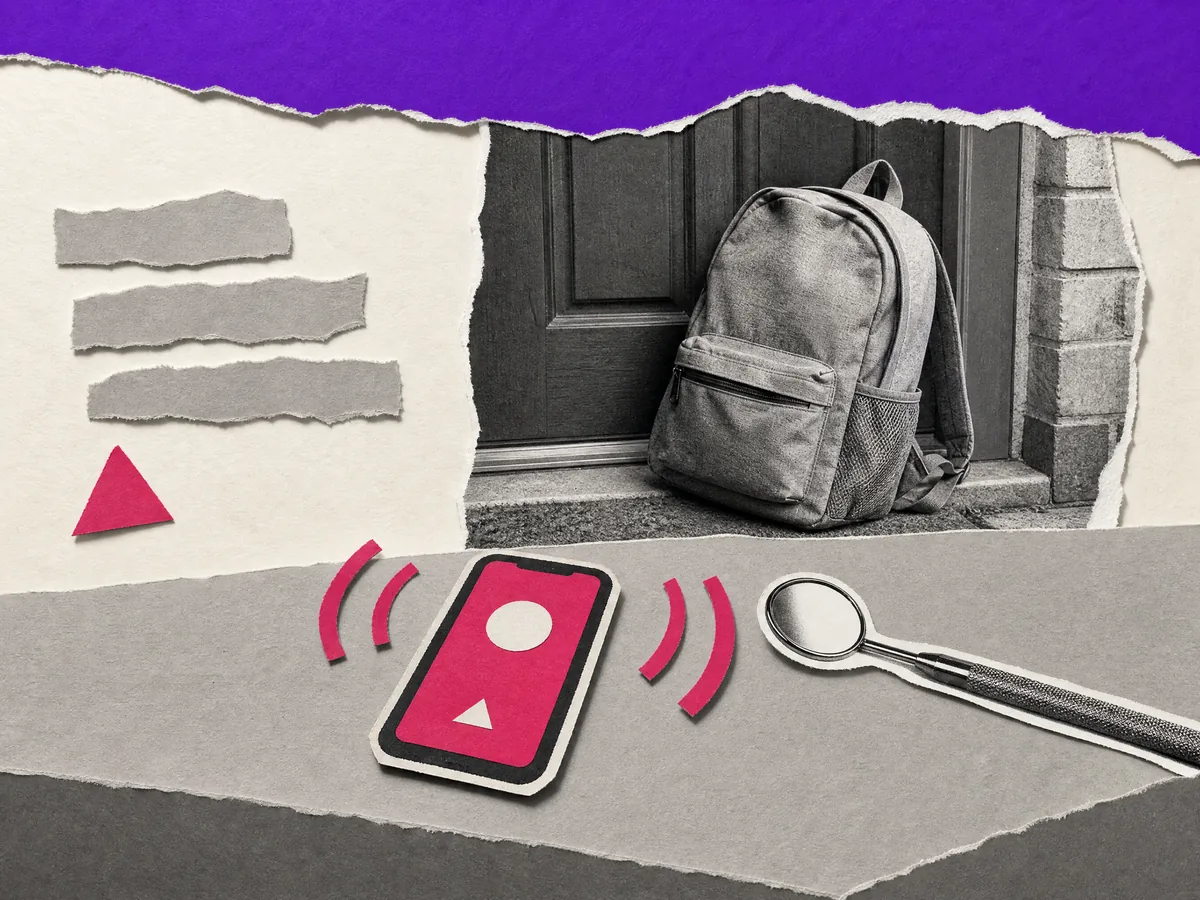 Paper collage: a phone ringing on a counter next to a dental mirror, a school backpack by a front door behind it.