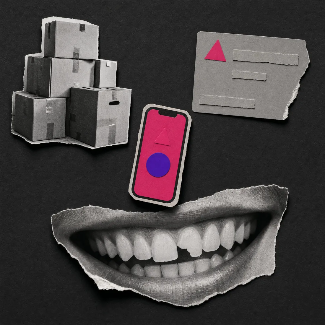 Paper collage: moving boxes, an insurance card and a smile with a chipped front tooth, around a phone showing the practice's mark.