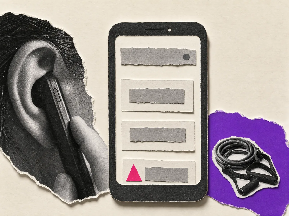 Paper collage: a phone showing search results with this clinic listed last, next to someone listening on a call and a resistance band.