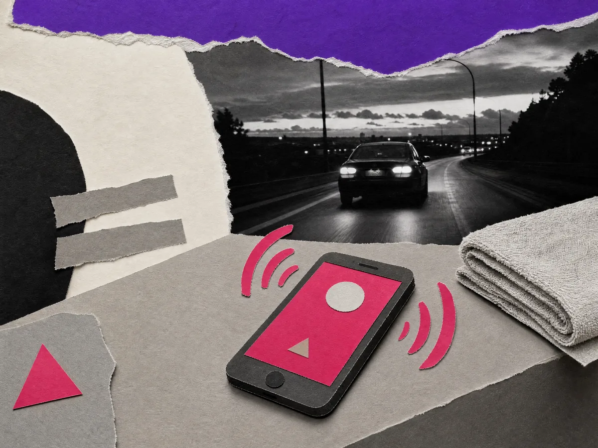 Paper collage: a phone ringing on a treatment table beside a folded towel, a car driving home at dusk behind it.