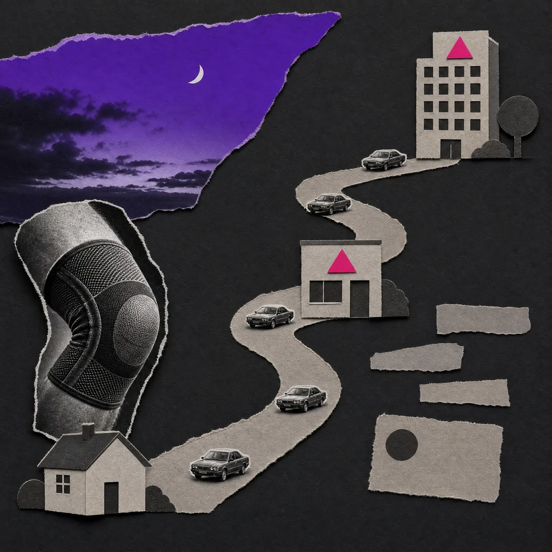 Paper collage: a winding road from a house to an office with the same car repeated along it, and a clinic marked halfway on the way home.